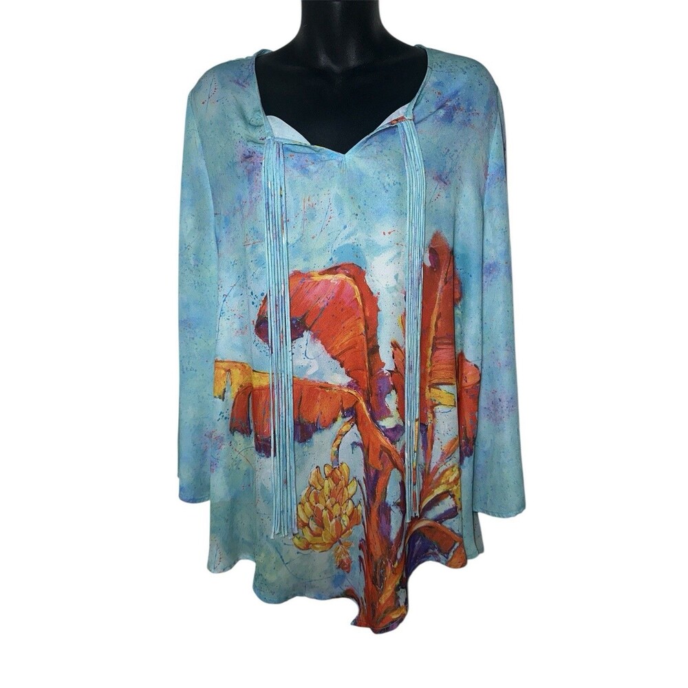 Leona Lovegood Graphic Oversized Neckline Tunic W/ Tassels Wide Sleeves Size L